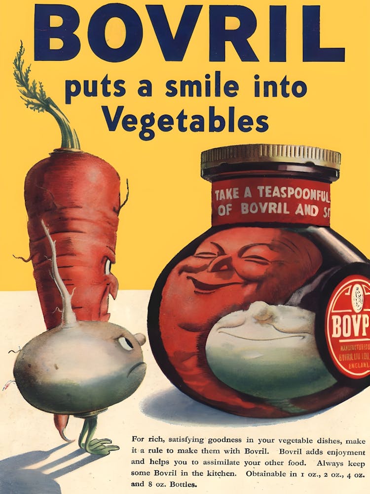 Bovril Puts A Smile To Vegetables, Funny Vintage Advertisement