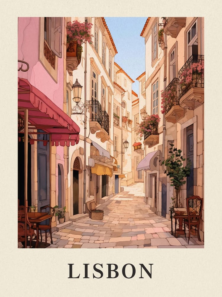 Lisbon Portugal 5 Vintage Pink Travel Illustration Poster