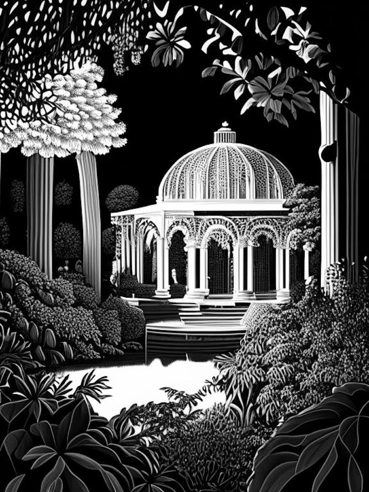 Chiswick House Gardens, 1, United Kingdom Linocut Black And White Vintage