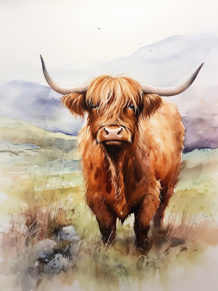 Chestnut Highland Cow In A Cloudy Field
