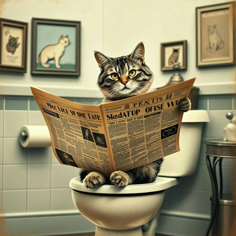 Cat Reading Newspaper on toilet 1