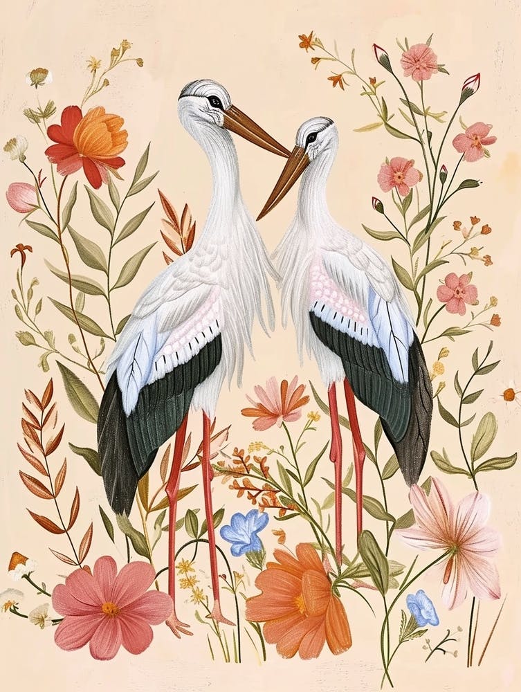 Folksy Floral Animal Drawing Crane 2