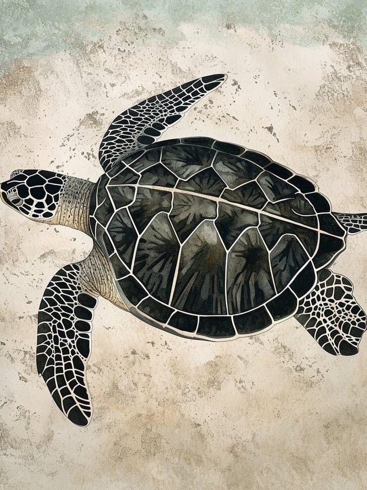 Sea Turtle On The Ocean Floor Textured Illustration 3