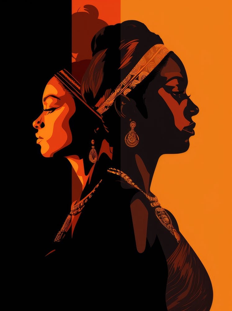 Two Women In Front Of An Orange Background