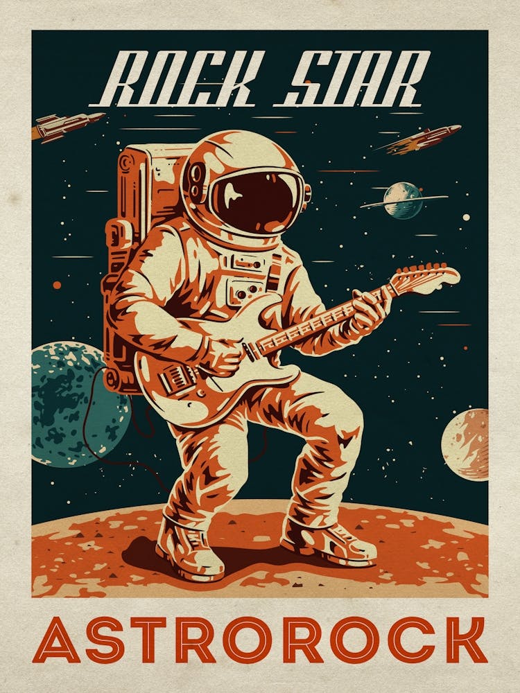 Rock Star. Astrorock — Vintage retro space poster, retrofuturism poster, retro space