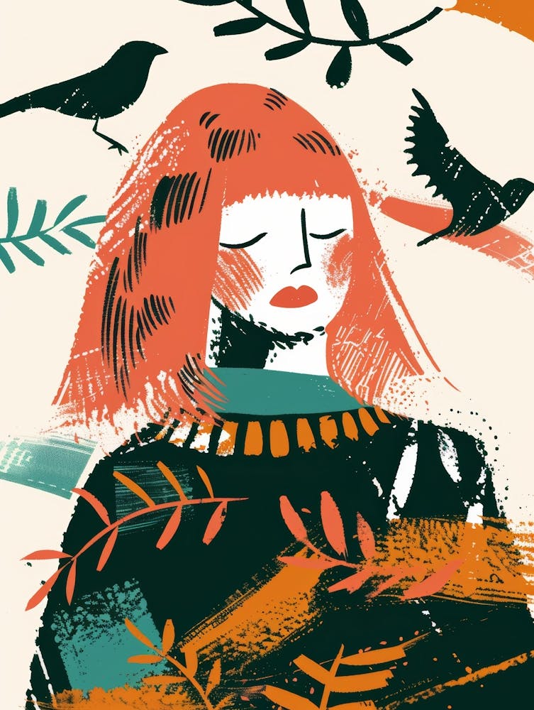 Illustration Of A Woman With Birds