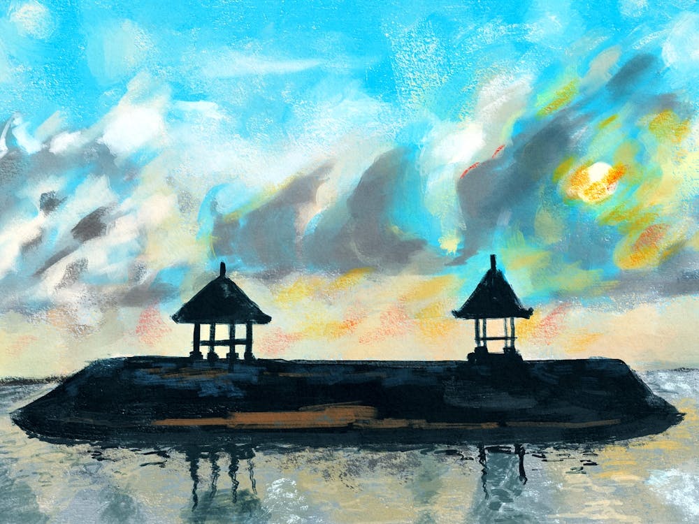 Peaceful sunset on beach scene with acrylic