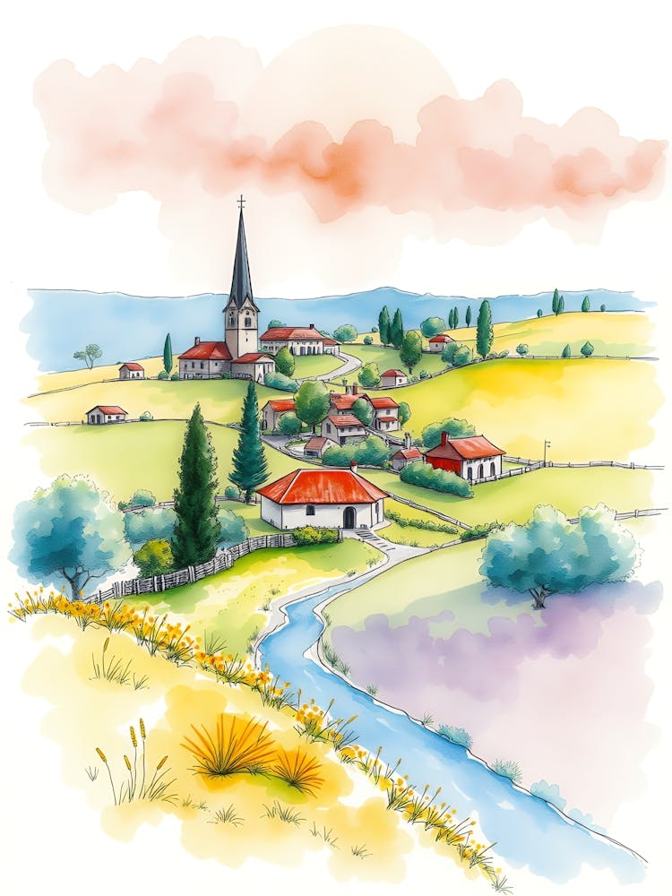 Watercolor Landscape With Village