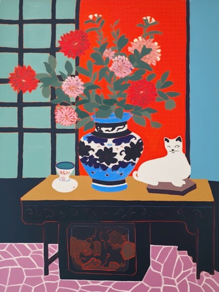 A Painting Of A Still Life Of A Chrysanthemums With A Cat In The Style Of Matisse 4