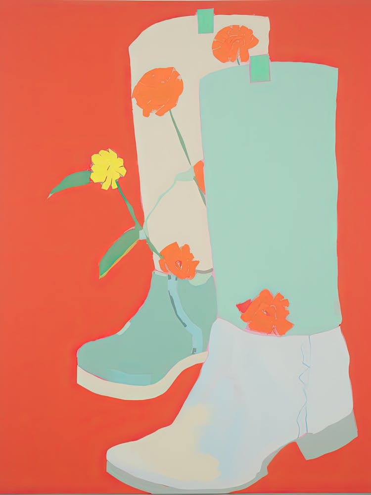 A Painting Of Cowboy Boots With Yellow Flowers, Pop Art Style 4