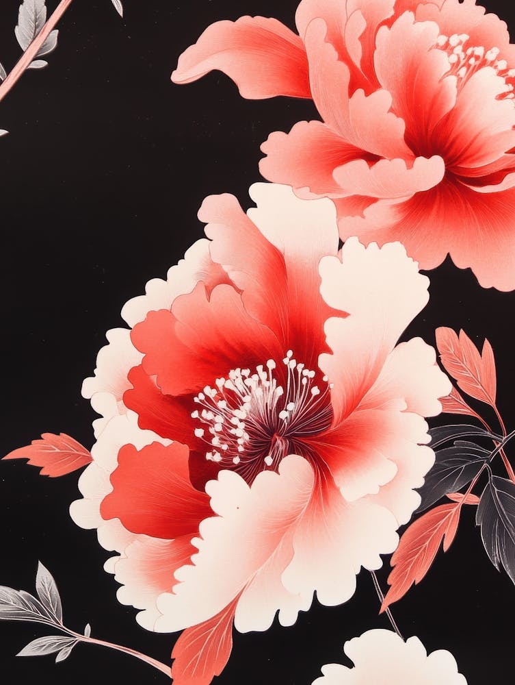 Peony Flowers On Black Background