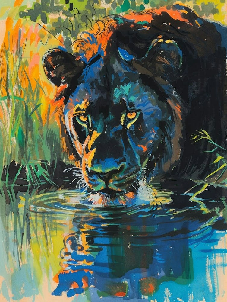 Black Lion Drinking From A Watering Hole Fauvist Painting 4