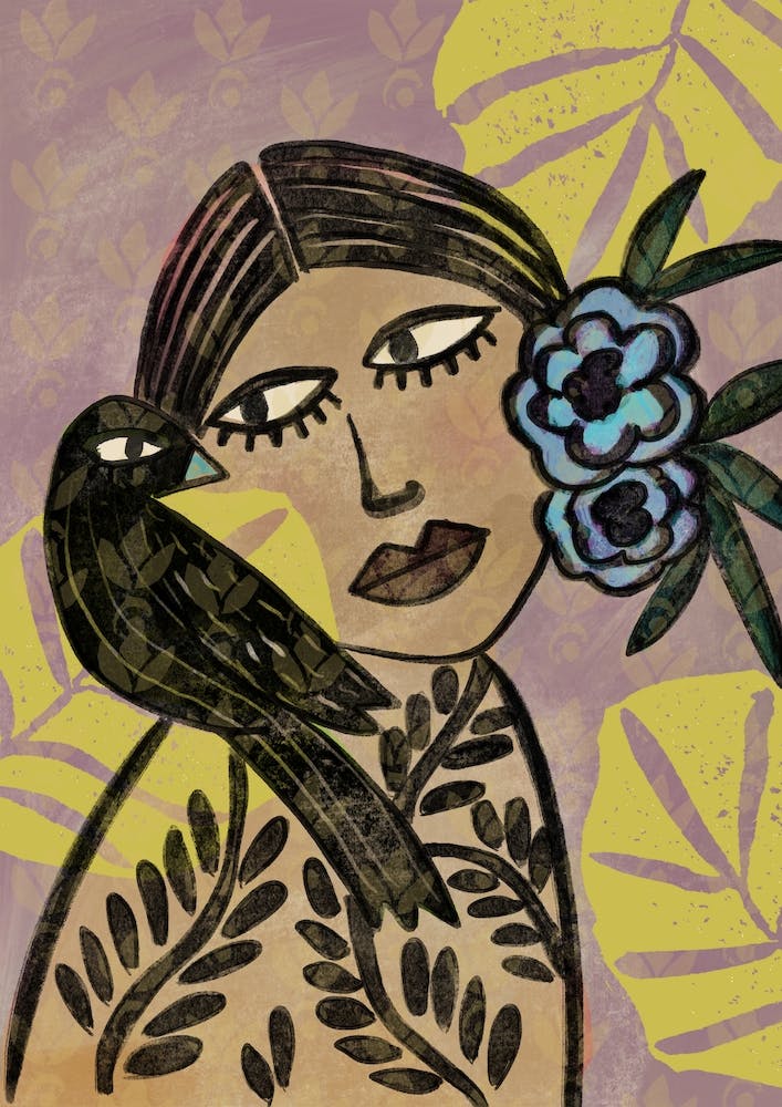 Lady With Crow And Flowers
