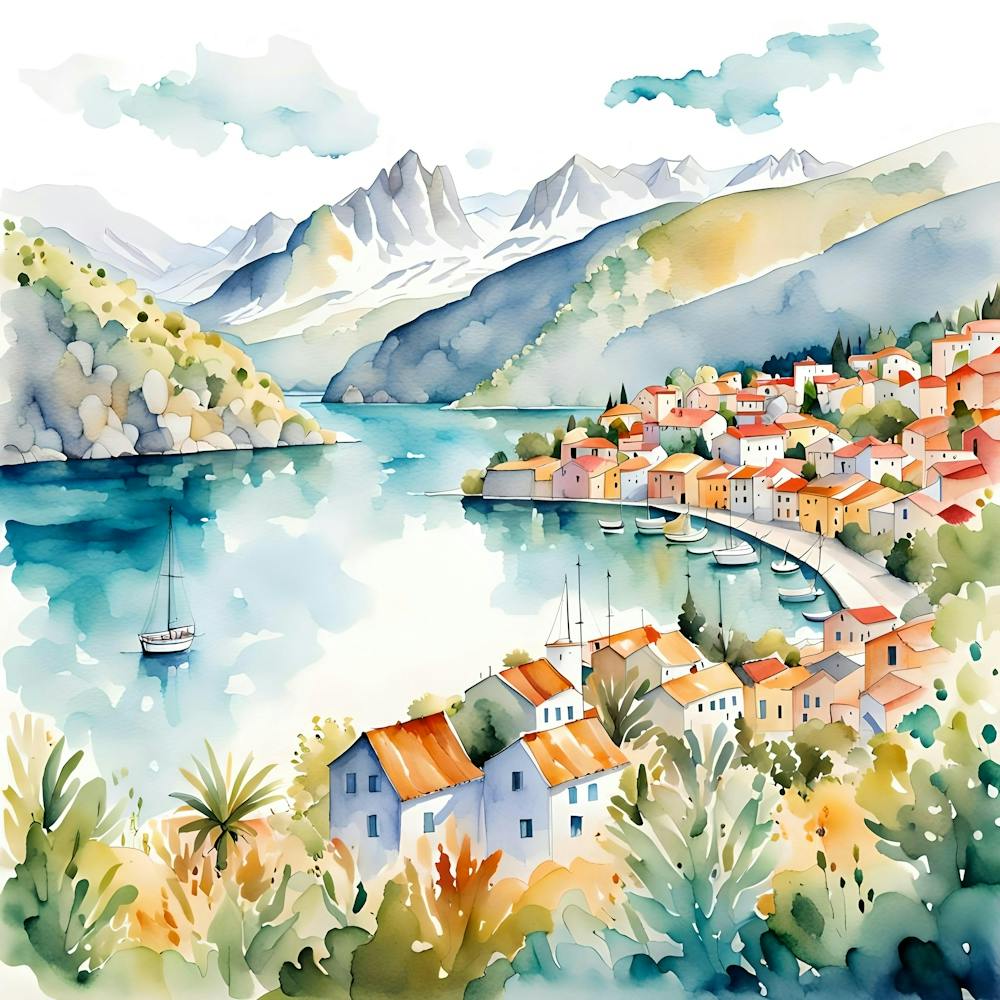 Watercolor Of A Scandinavian Village And Mediterranean Landscapes