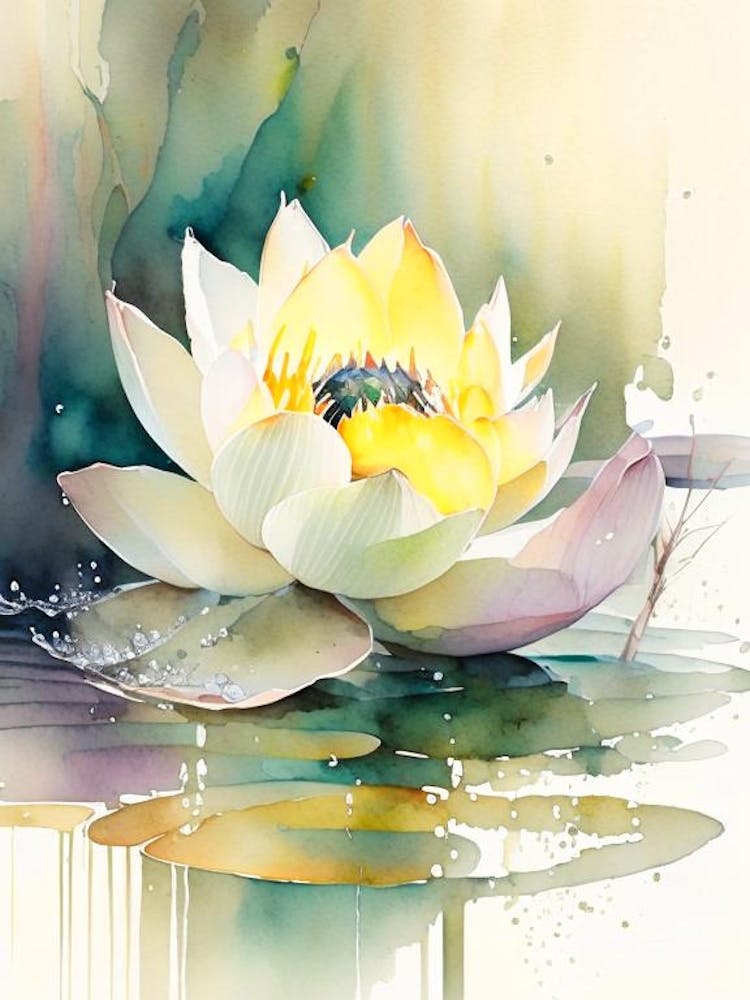 Blooming Lotus Flower In Pond Storybook Watercolour 1