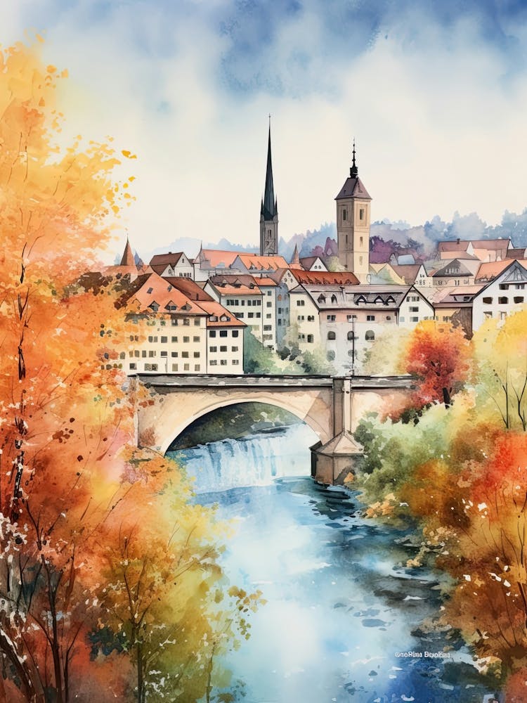 Bern Switzerland In Autumn Fall, Watercolour 4