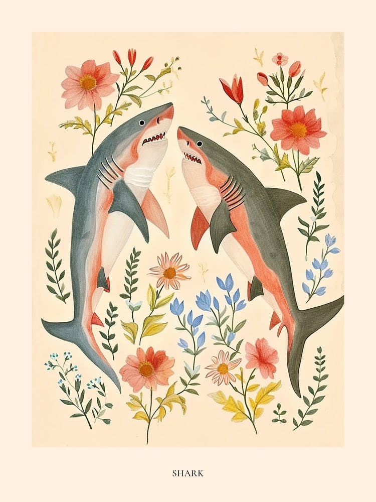 Dessin d'Animal Fleuri Folklorique Requin - Affiche