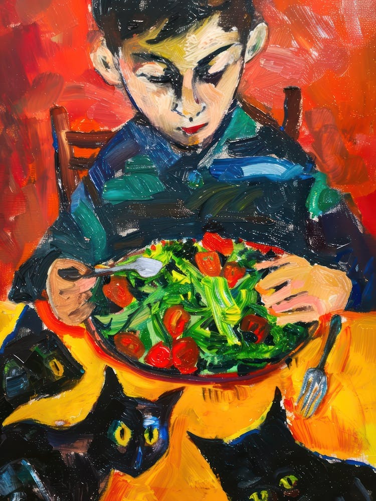 Portrait Of A Boy With Cats Eating A Salad 4