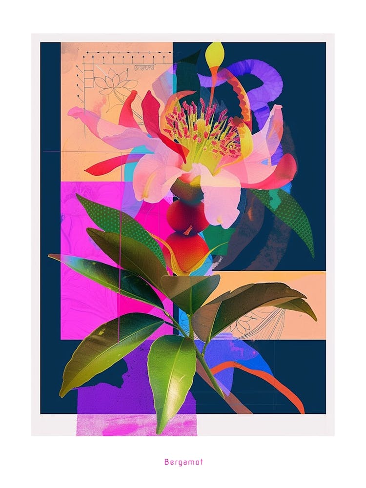 Bergamot 1 Neon Flower Collage Poster