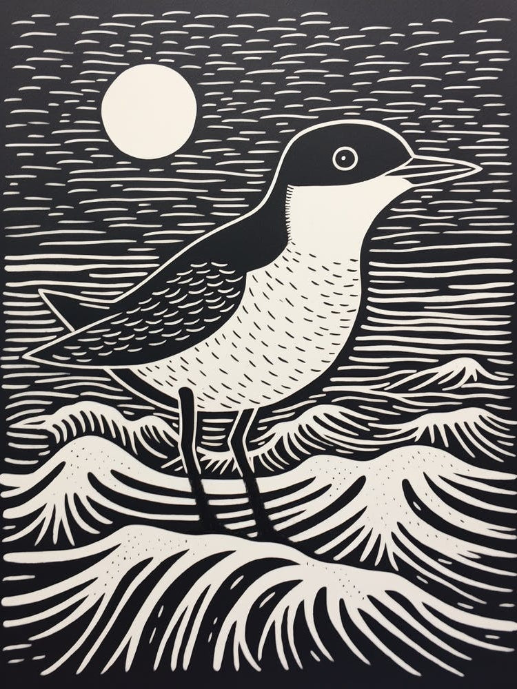B&W Bird Linocut Dipper 1