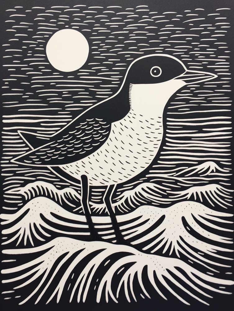 B&W Bird Linocut Dipper 1