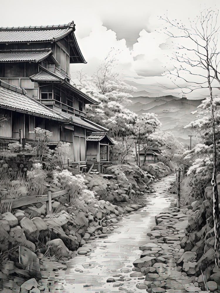 Shirakawa Go In Gifu, Ukiyo E Black And White Line Art Drawing 3