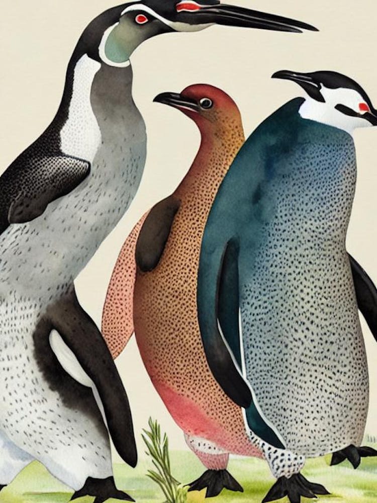 Galapagos Penguin Vintage Graphic Watercolour
