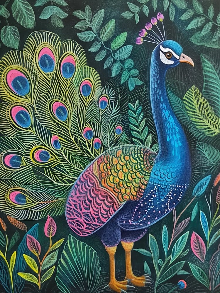 Folky Floral Peacock With Its Feathers Open 2