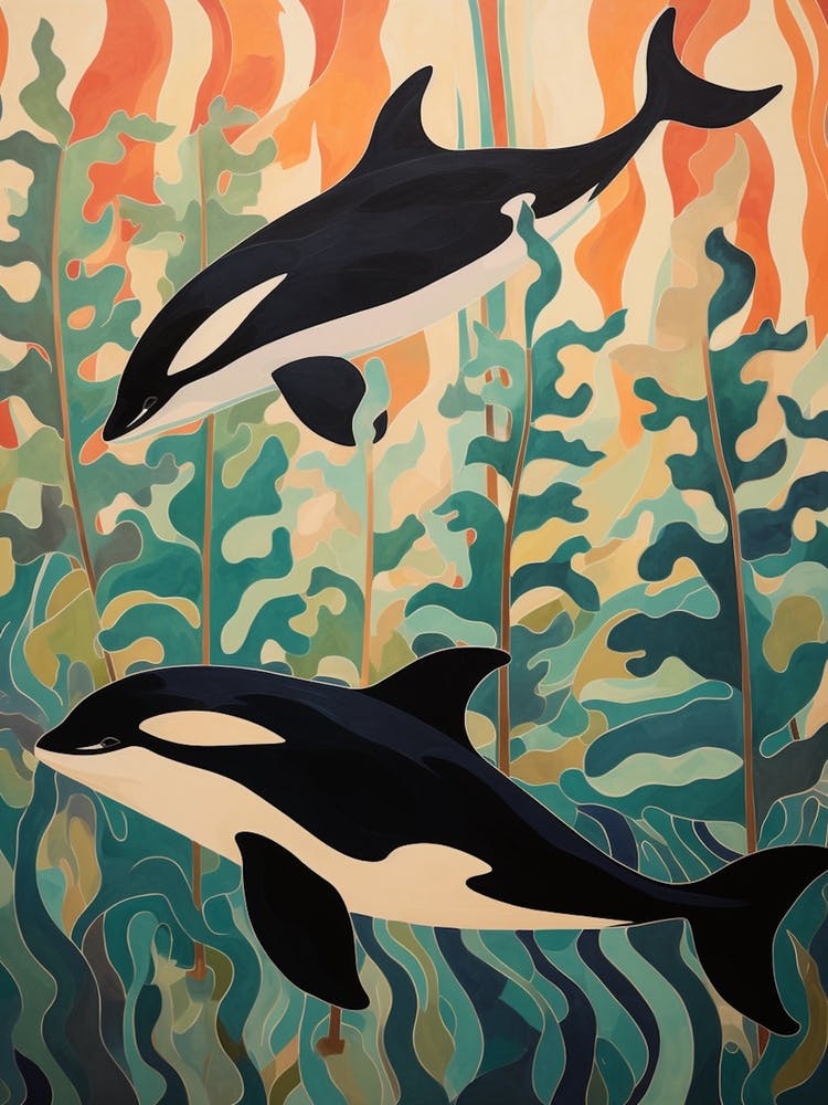 Orca Whales Swimming With Seaweed