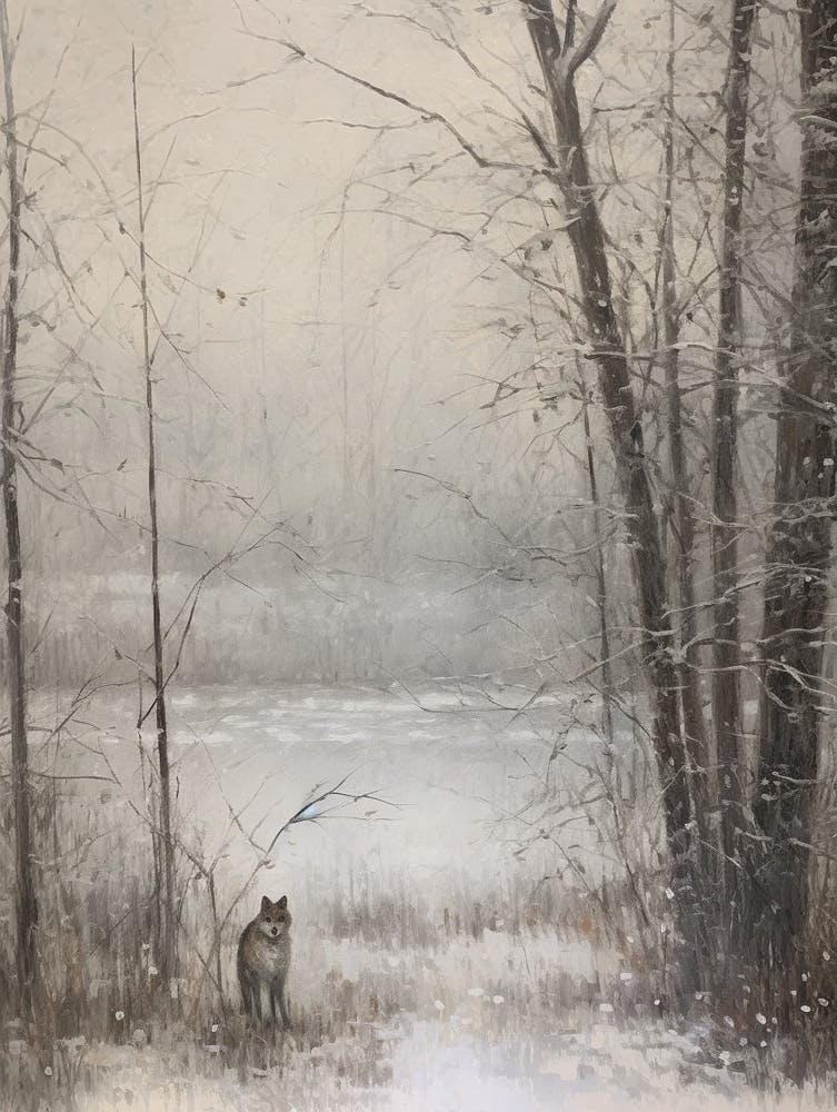 Vintage Winter Animal Painting Gray Wolf 2