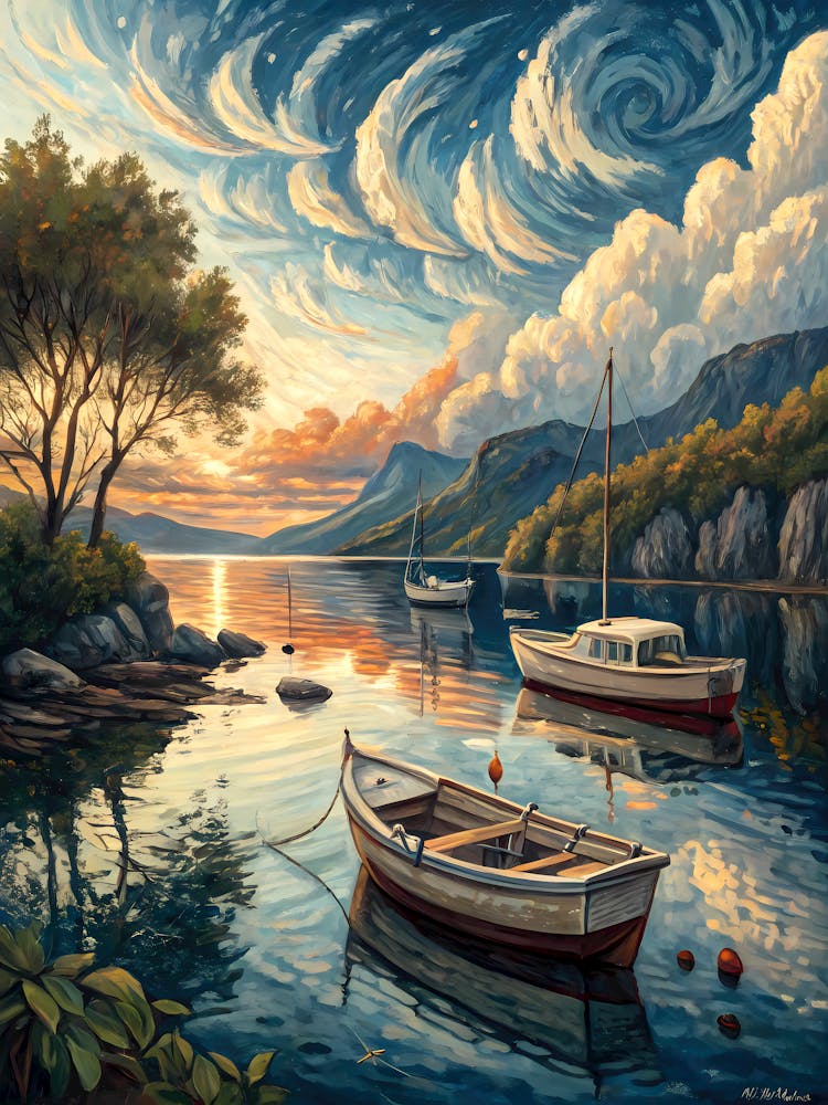 A Calm Bay with Boats and Swirling Clouds Oil Painting Style
