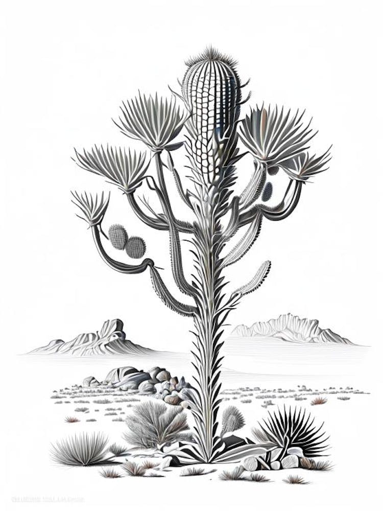 Silver Torch Joshua Tree Vintage Botanical Line Drawing