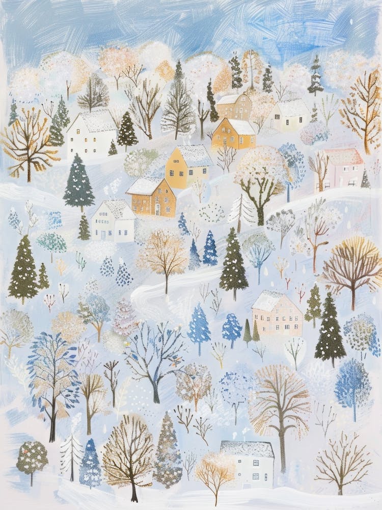 Winter Village. Pastel Gouache Christmas. Nursery