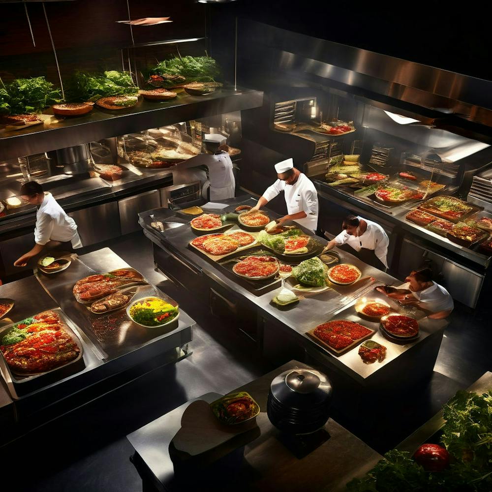 Overhead View Of A Burger Kitchen In Action Chefs Proudly Plating Gourmet Burgers Stunning Stainle 555813656 (3)