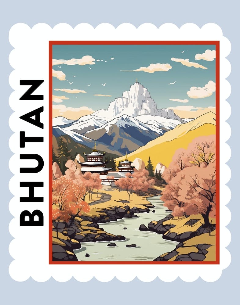 Bhutan 4 Travel Stamp Poster