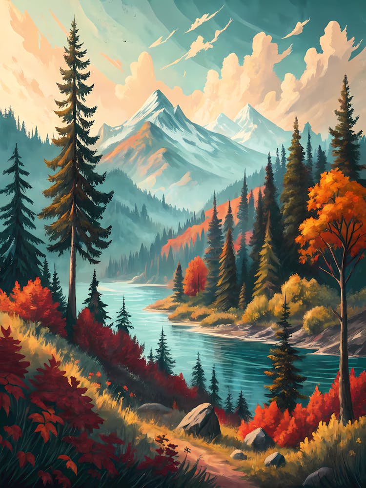 Ölgemälde-Stil Smaragdbergfluss Herbstwaldlandschaft Puzzle