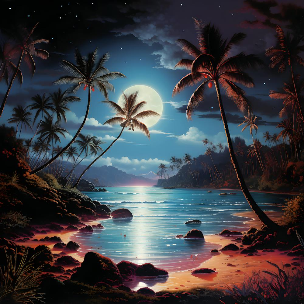 Abstrakt Tropisch Ozean Landschaft Nacht Mond Fantasie Palmen Bucht