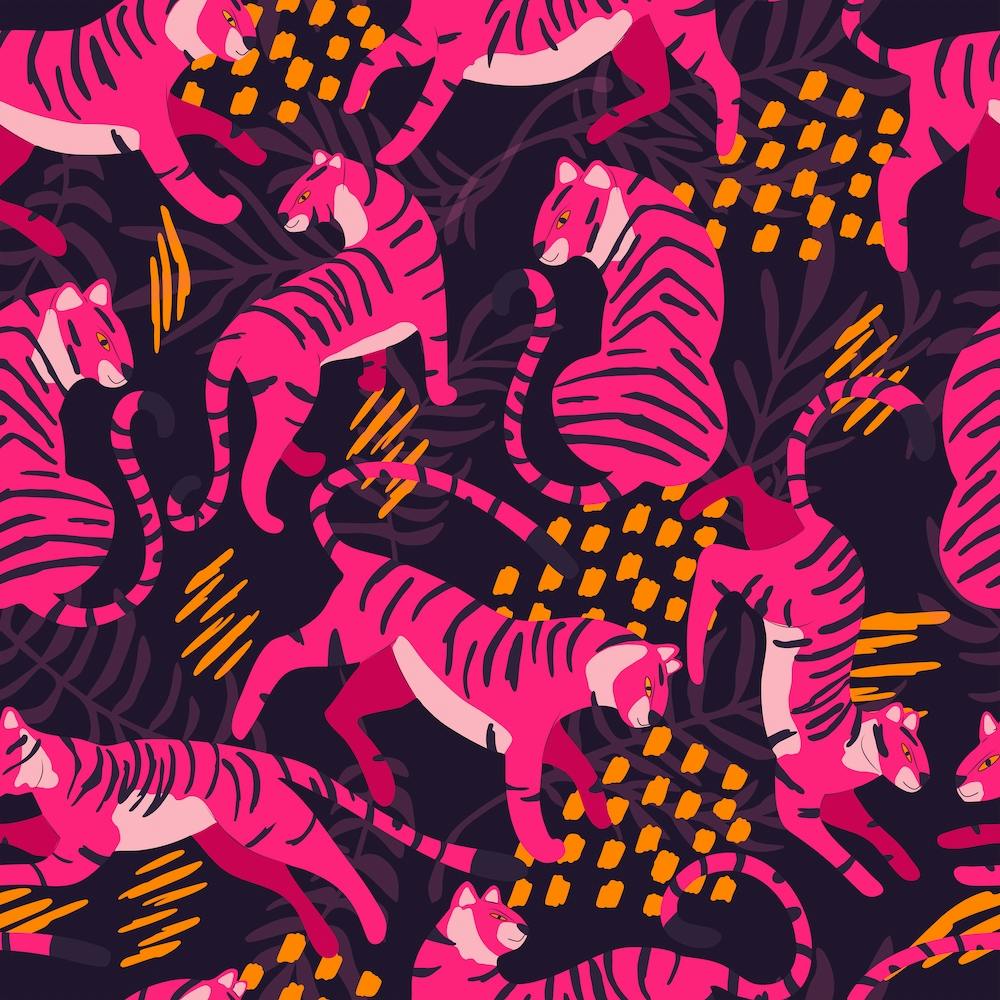 Vibrant Pink Tigers On Dark Purple Pattern Square