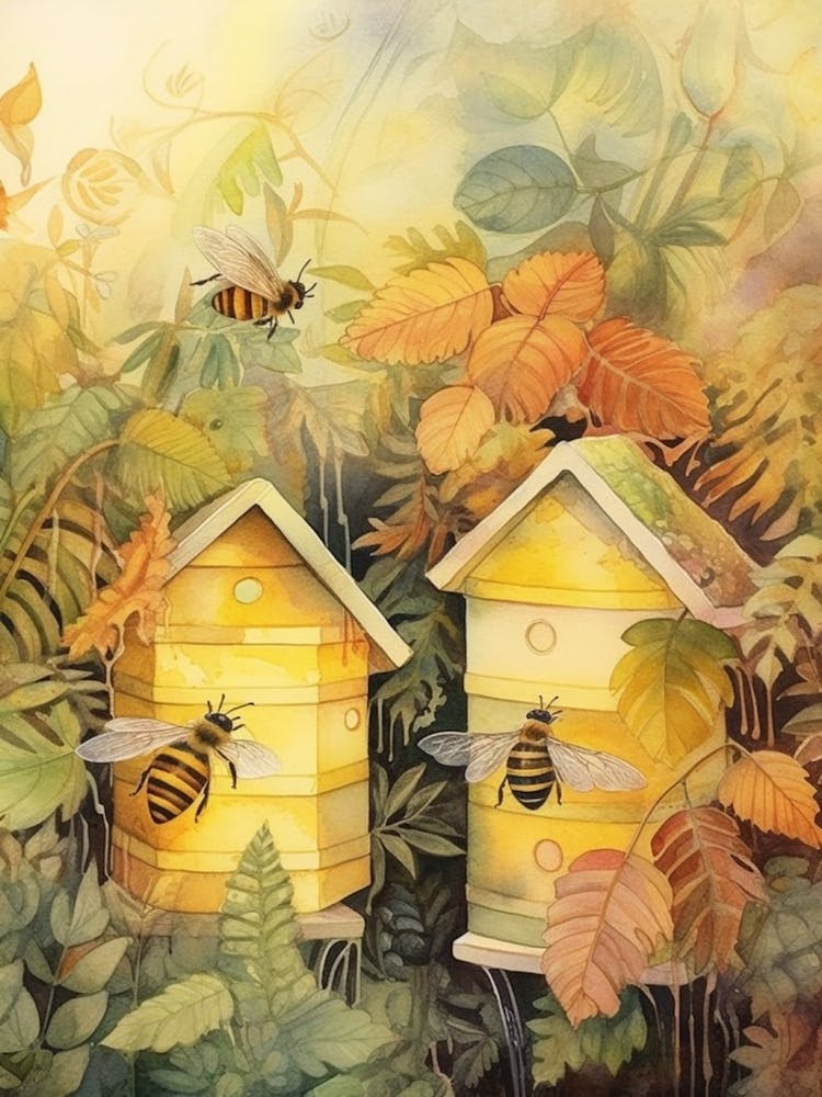 Illustration à l'aquarelle : Ruches et abeilles 4