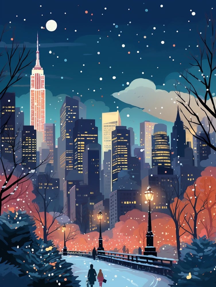 Winter Travel Night Illustration New York City Usa 2