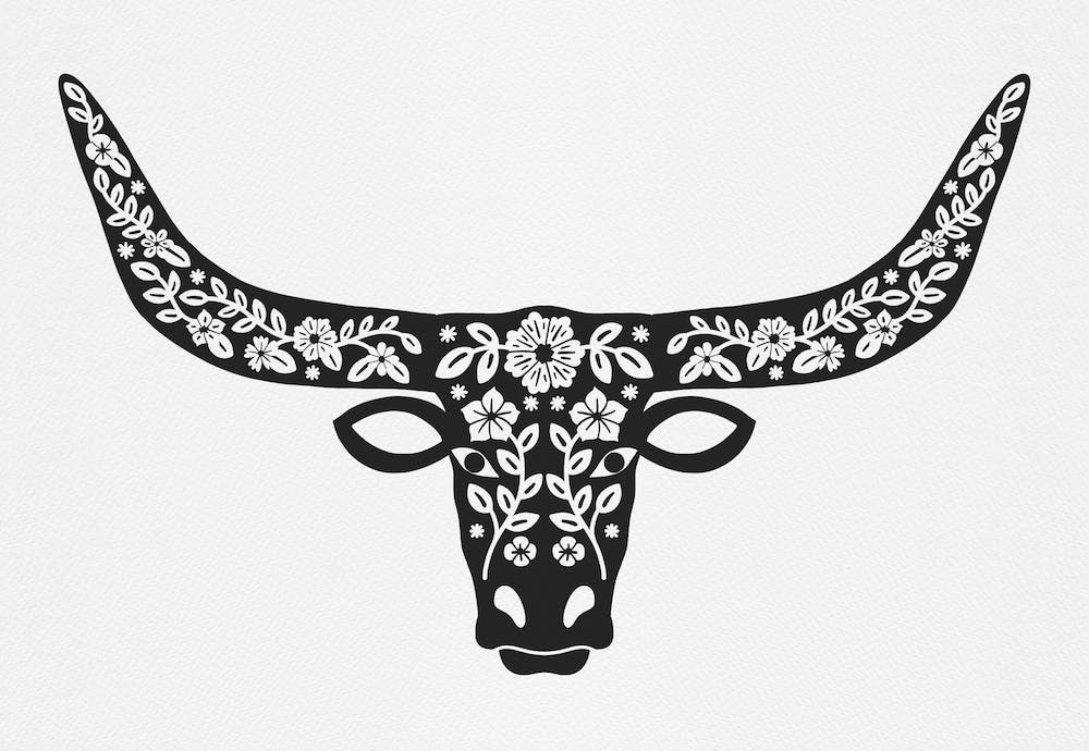 Floral Longhorn   Black Silhouette