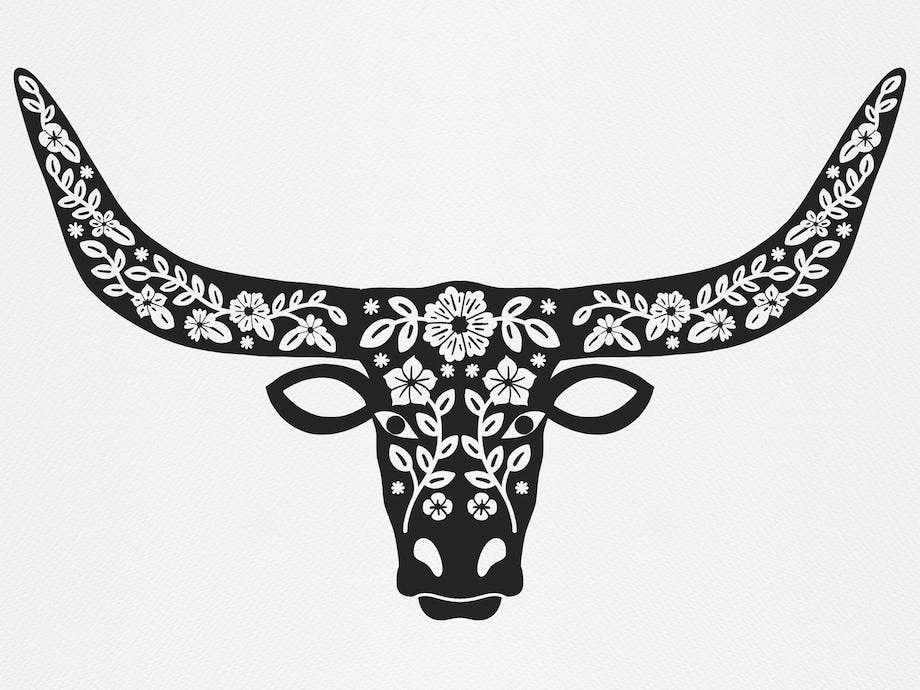 Floral Longhorn   Black Silhouette