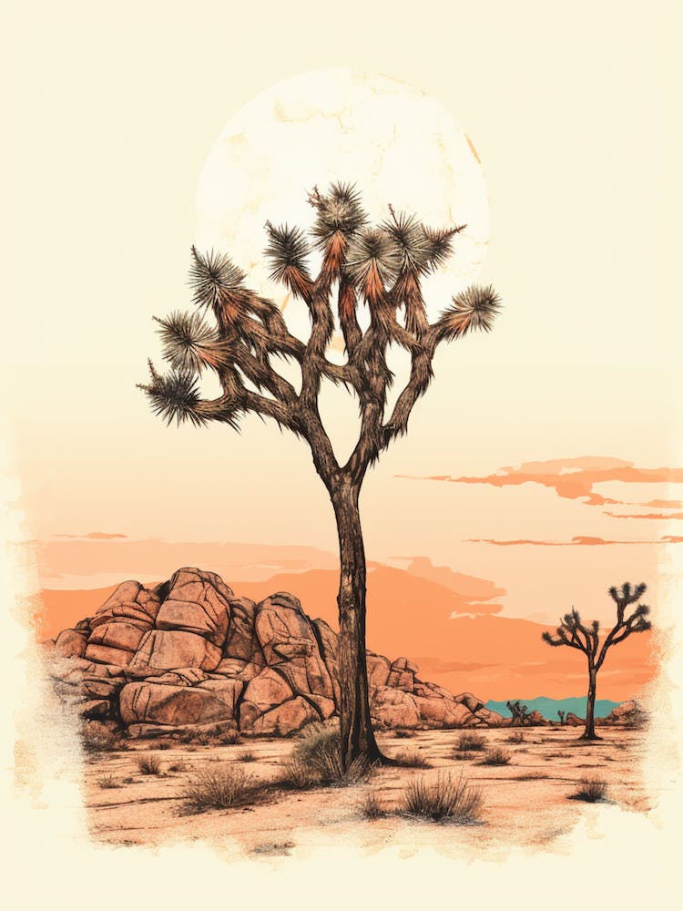 Minimalist Joshua Tree At Dusk Line Art Watercolor 1
