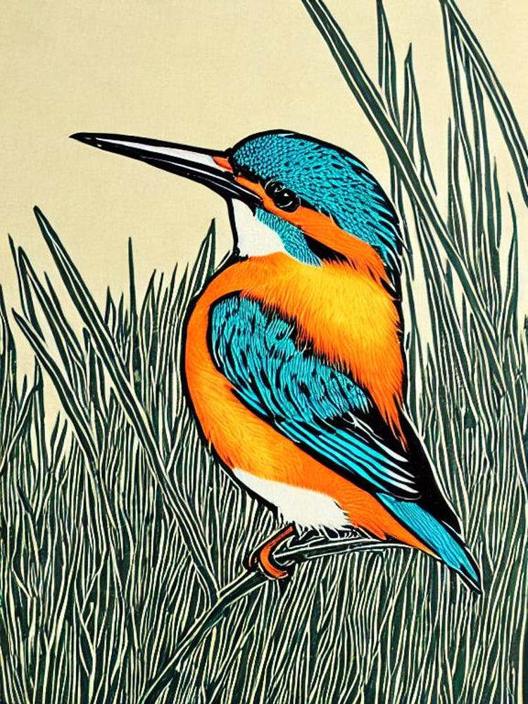 Kingfisher Linocut Bird