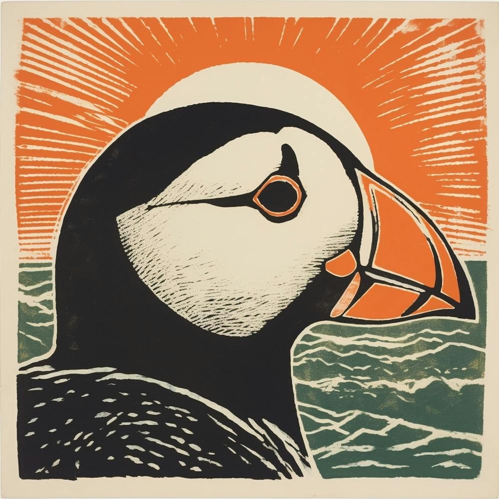Retro Bird Lithograph Puffin 1