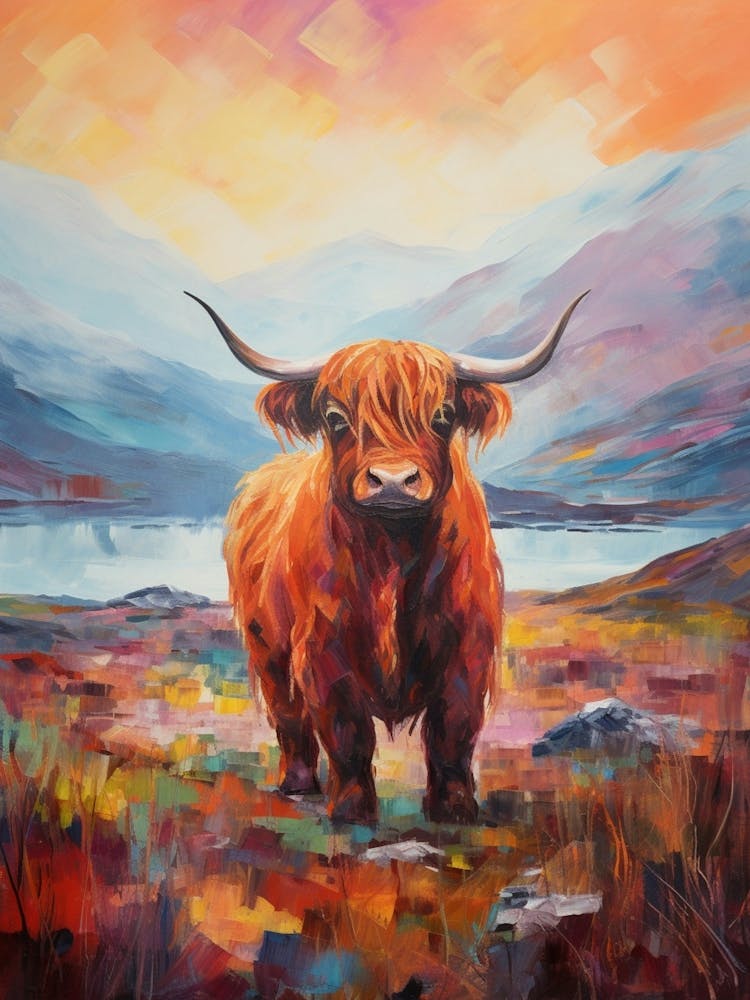 Brushstroke Impressionism Style Painting Of A Highland Cow In The Scottish Valley 6