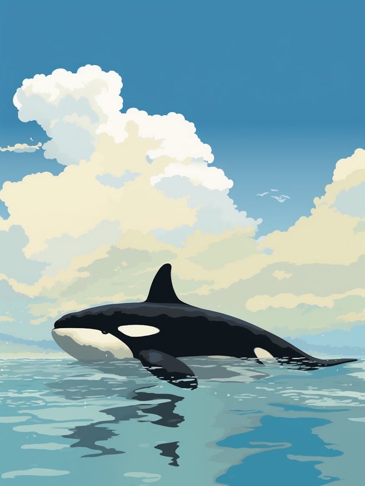 Graphic Design Style Orca Whale With Clouds Aqua Minimalist