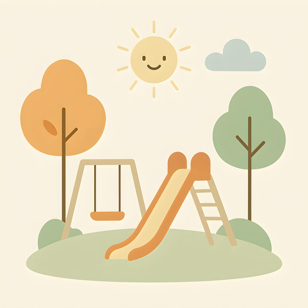 Minimalistische Kinderspielplatz-Wandkunst – Pastell-Kinderzimmerdeko – Moderner Spielzimmer-Druck – Einfache Schaukel- & Rutschen-Illustration