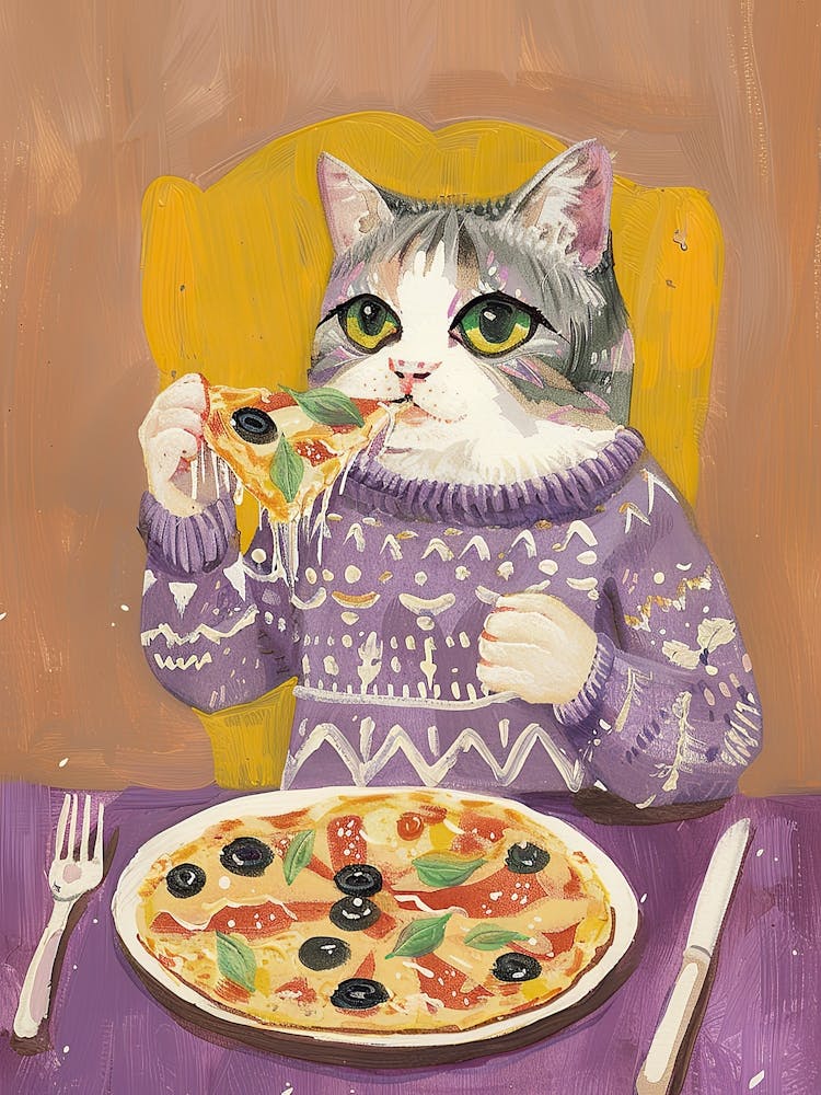 Happy Grey And White Cat Pizza Lover Folk Illustration 1