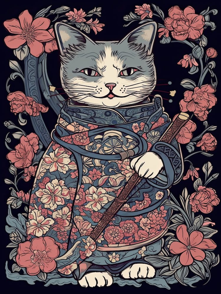 Cute Samurai Cat In The Style Of William Morris 5